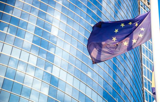 European flag against skyscraper