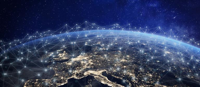 European telecommunication network connected over Europe, France, Germany, UK, Italy, concept about internet and global communication technology for finance, blockchain or IoT, elements from NASA