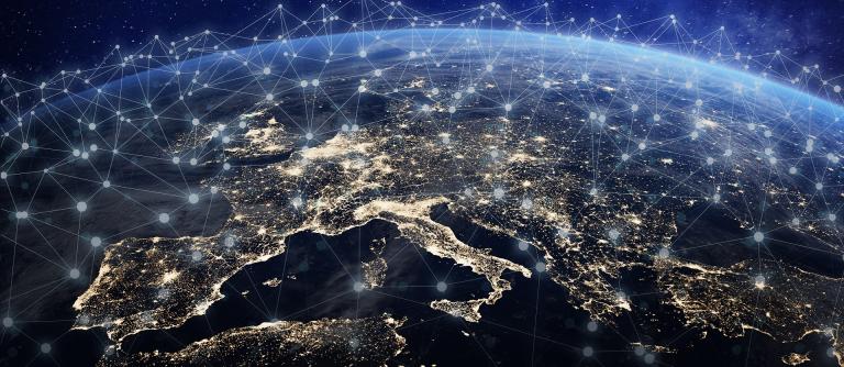 European telecommunication network connected over Europe, France, Germany, UK, Italy, concept about internet and global communication technology for finance, blockchain or IoT, elements from NASA