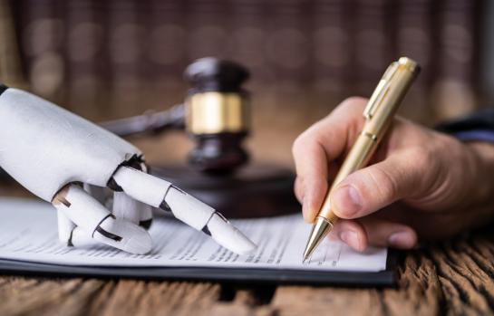 Robotic,Hand,Assisting,Person,For,Signing,Document,Over,Wooden,Desk