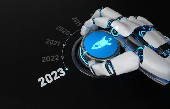 Robot,Turns,The,Knob,And,Switches,To,2023.,3d,Illustration.