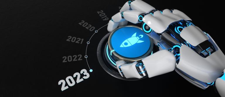 Robot,Turns,The,Knob,And,Switches,To,2023.,3d,Illustration.