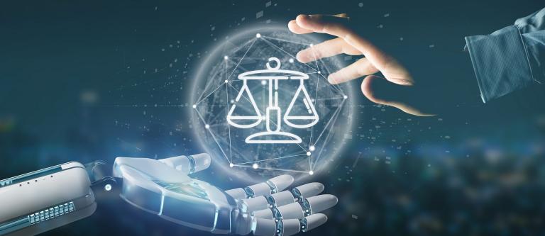 View,Of,Cyborg,Hand,Holding,Cloud,Of,Justice,And,Law