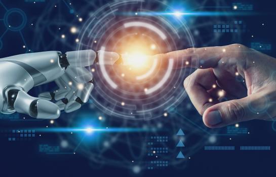 Ai,Technology,Concept,,Machine,Learning,,Robot,Hand,Touching,Human,Hand.