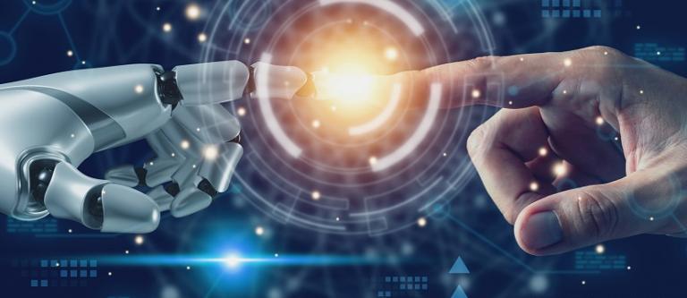 Ai,Technology,Concept,,Machine,Learning,,Robot,Hand,Touching,Human,Hand.