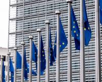 European,Union,Flags,Fluttering,In,The,Wind,In,Brussels,,Belgium