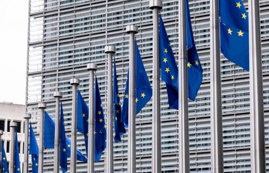 European,Union,Flags,Fluttering,In,The,Wind,In,Brussels,,Belgium